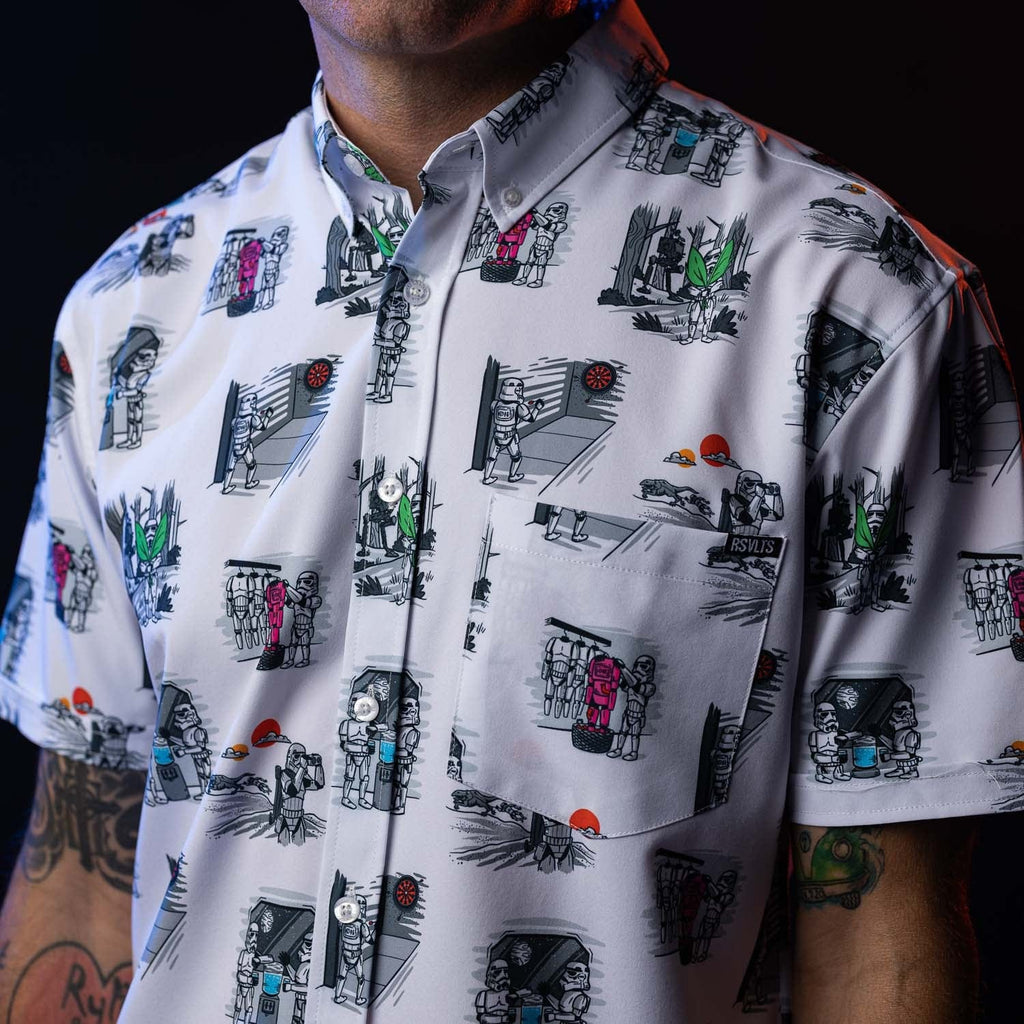 RSVLTS Stay Off Target KUNUFLEX Short Sleeve Shirt in White — detail 8