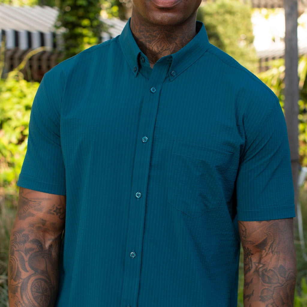 RSVLTS Chesapeake Bay Stretch Seersucker Short Sleeve Shirt in Blue — detail 6