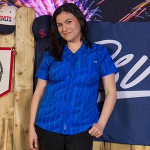 RSVLTS For Emma Women's KUNUFLEX Short Sleeve Shirt in Blue — front view
