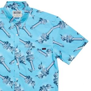 RSVLTS Lady Liberty's Annual Torch Toss KUNUFLEX Short Sleeve Shirt in Blue — front view