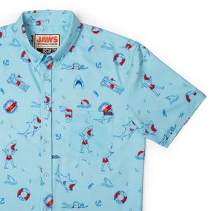 RSVLTS Amity Island Welcomes You KUNUFLEX Short Sleeve Shirt in Blue — front view