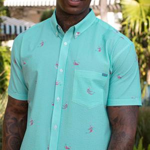 RSVLTS Mermaids Stretch Seersucker Short Sleeve Shirt in Green — front view