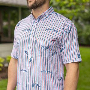 RSVLTS America's Got Talons Stretch Seersucker Short Sleeve Shirt in Blue — front view