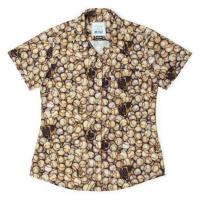 RSVLTS Now We Can Play Forever Women's KUNUFLEX Short Sleeve Shirt in Brown — front view
