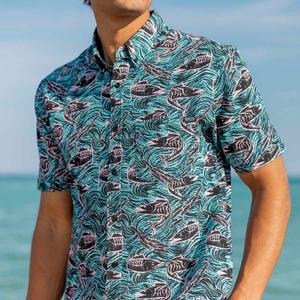 RSVLTS Fishies Stretch Seersucker Short Sleeve Shirt in Green — front view