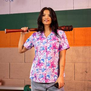 RSVLTS Friends Don't Lie Women's KUNUFLEX Short Sleeve Shirt in Blue — front view