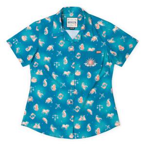 RSVLTS Star-Crossed Cosmos Women's KUNUFLEX Short Sleeve Shirt in Blue — front view