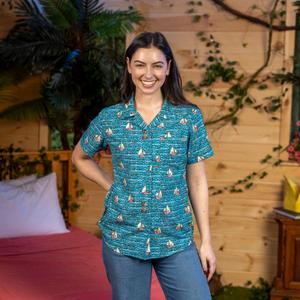 RSVLTS Max's Voyage Women's KUNUFLEX Short Sleeve Shirt in Blue — front view