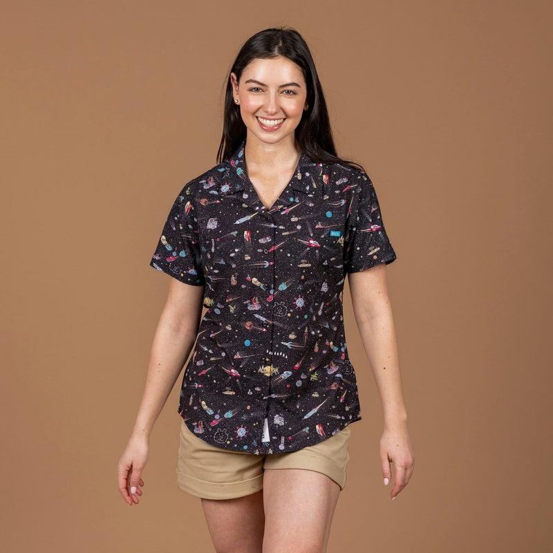 RSVLTS Waldo in Space Women's KUNUFLEX Short Sleeve Shirt in Black — front view