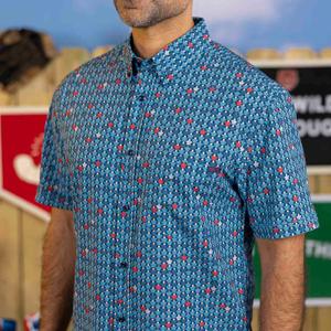 RSVLTS 8-Bit Bleachers KUNUFLEX Short Sleeve Shirt in Blue — front view