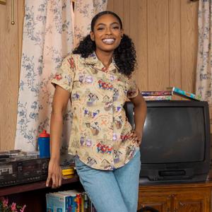RSVLTS Birds of a Treasure Women's KUNUFLEX Short Sleeve Shirt in Multicolor — front view