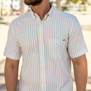 RSVLTS Easy Does It Stretch Seersucker Short Sleeve Shirt in White — front view