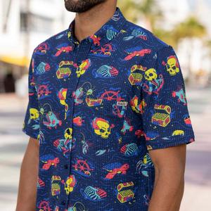 RSVLTS What Lies Beneath Stretch Seersucker Short Sleeve Shirt in Blue — front view