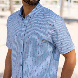RSVLTS Blast Off! Stretch Seersucker Short Sleeve Shirt in Blue — front view