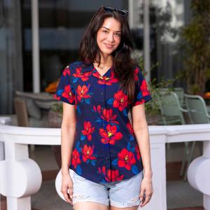 RSVLTS Bloom Service Women's KUNUFLEX Short Sleeve Shirt in Blue — front view