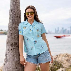 RSVLTS Limber Legends Women's Stretch Seersucker Short Sleeve Shirt in Blue — front view