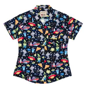 RSVLTS What a Spaceport! Women's KUNUFLEX Short Sleeve Shirt in Black — front view