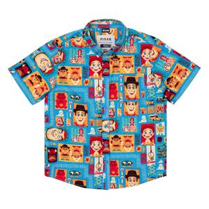 RSVLTS Woodcut Woody & Friends Youth KUNUFLEX Short Sleeve Shirt in Blue — front view