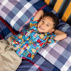 RSVLTS Woodcut Woody & Friends Preschool KUNUFLEX Short Sleeve Shirt in Blue — front view