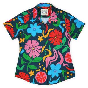 RSVLTS BIG Groovy Garden Women's KUNUFLEX Short Sleeve Shirt in Black — front view