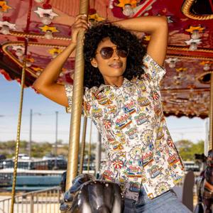 RSVLTS Party Pier Women's KUNUFLEX Short Sleeve Shirt in Multicolor — front view