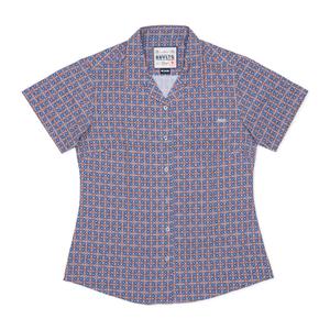 RSVLTS Spanish Tile Women's KUNUFLEX Short Sleeve Shirt in Blue — front view