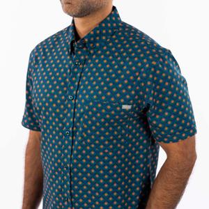 RSVLTS Here Comes the Sunflower KUNUFLEX Short Sleeve Shirt in Blue — front view