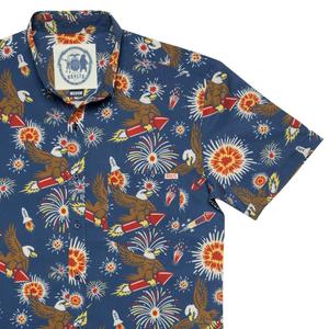RSVLTS Rocket’s Rad Glare KUNUFLEX Short Sleeve Shirt in Blue — front view