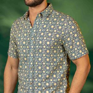 RSVLTS Sunburst Bamboo Short Sleeve Shirt in Blue — front view