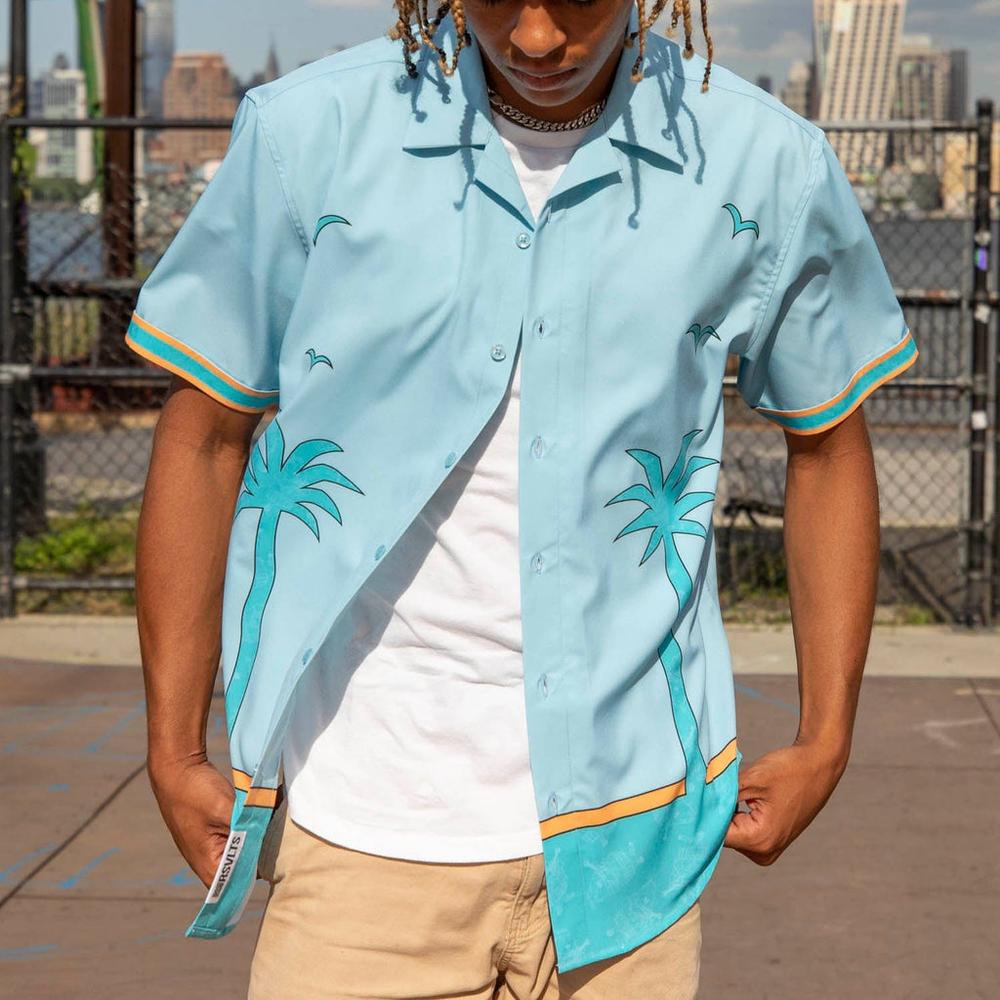 RSVLTS The Uncle Tito Camp Collar KUNUFLEX Short Sleeve Shirt in Blue — detail 13
