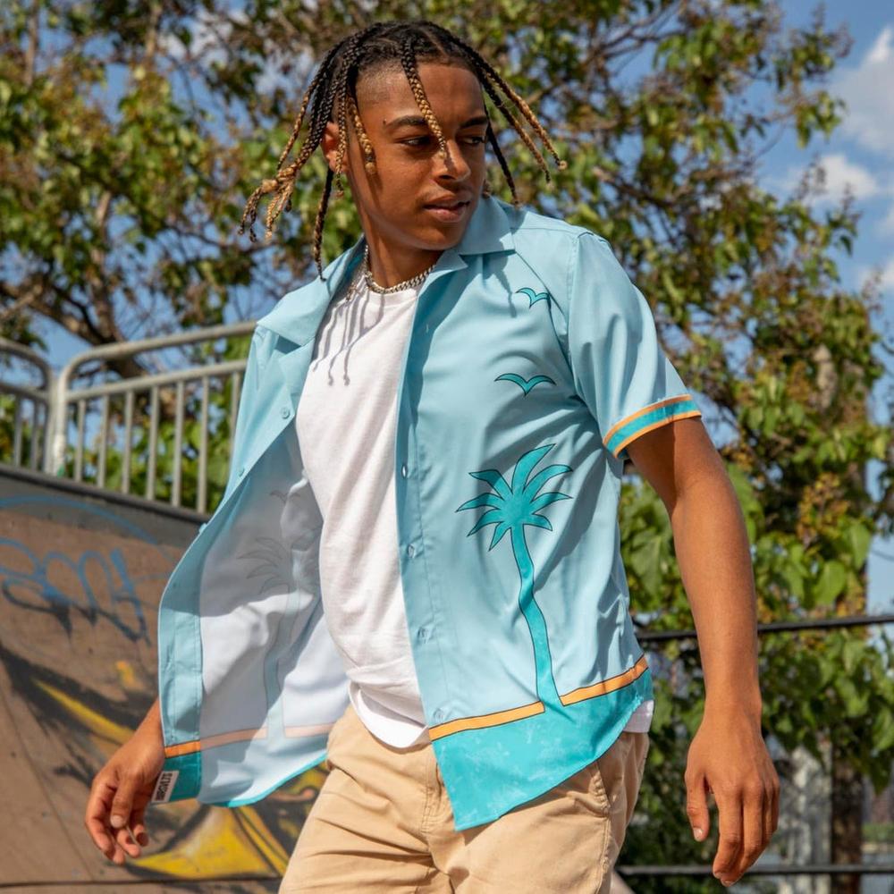 RSVLTS The Uncle Tito Camp Collar KUNUFLEX Short Sleeve Shirt in Blue — detail 12
