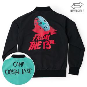 RSVLTS Friday at Crystal Lake Reversible Bomber Jacket in Black — front view