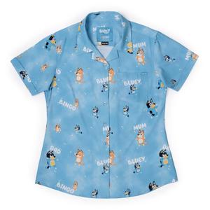 RSVLTS Meet the Heelers Women's KUNUFLEX Short Sleeve Shirt in Blue — front view