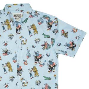 RSVLTS Grandpa’s Forearm KUNUFLEX Short Sleeve Shirt in Blue — front view