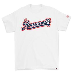 RSVLTS Roosevelts Road Trip Crewneck Tee in White — front view
