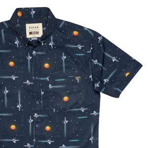 RSVLTS Into Infinity KUNUFLEX Short Sleeve Shirt in Blue — front view