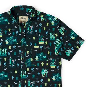 RSVLTS Grim Grinning Graveyard KUNUFLEX Short Sleeve Shirt in Black — front view