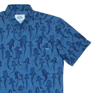 RSVLTS Whale Shark KUNUFLEX Short Sleeve Shirt in Blue — front view