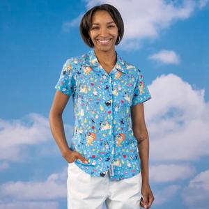 RSVLTS Beach Day Women's KUNUFLEX Short Sleeve Shirt in Blue — front view