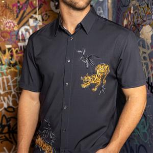 RSVLTS Night Moves KUNUFLEX Short Sleeve Shirt in Black — front view