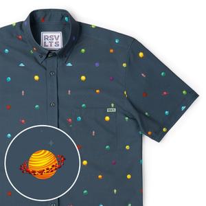 RSVLTS Intergalactic Planetarium KUNUFLEX Short Sleeve Shirt in Blue — front view