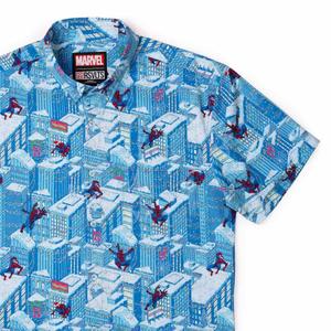 RSVLTS Spider-Man Is Coming To Town KUNUFLEX Short Sleeve Shirt in Blue — front view