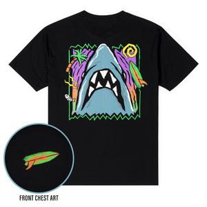RSVLTS Sun. Surf. Shark. Crewneck Tee in Black — front view