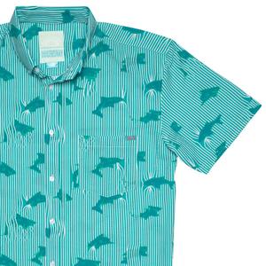 RSVLTS Shark Stretch Seersucker Short Sleeve Shirt in Blue — front view