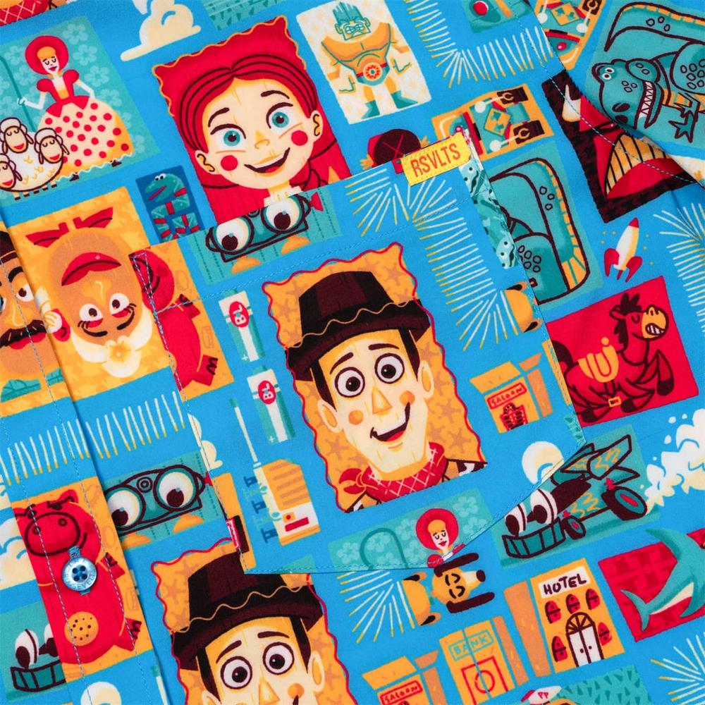 RSVLTS Woodcut Woody & Friends KUNUFLEX Short Sleeve Shirt in Blue — detail 6