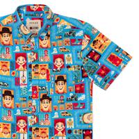 RSVLTS Woodcut Woody & Friends KUNUFLEX Short Sleeve Shirt in Blue — front view