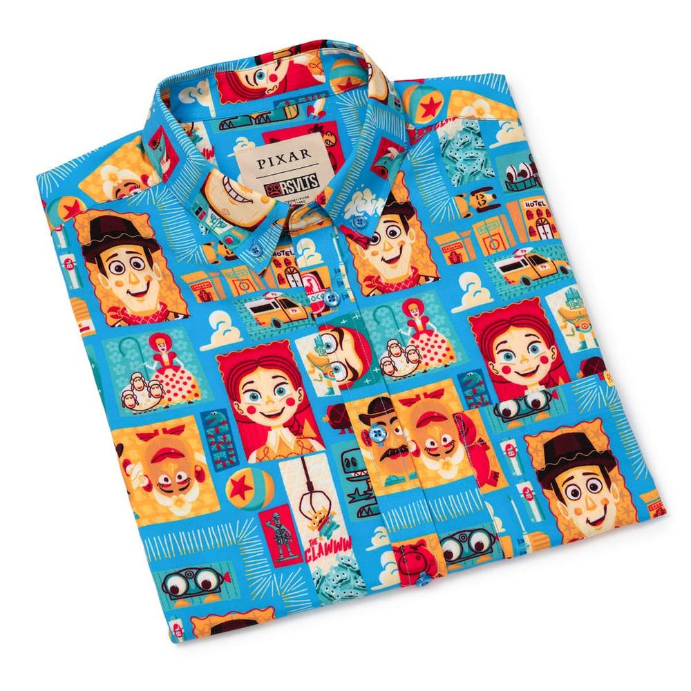 RSVLTS Woodcut Woody & Friends KUNUFLEX Short Sleeve Shirt in Blue — detail 11
