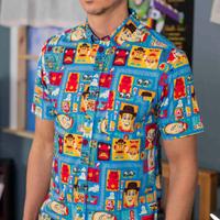 RSVLTS Woodcut Woody & Friends KUNUFLEX Short Sleeve Shirt in Blue — detail 7