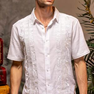 RSVLTS Guayabera Bamboo Short Sleeve Shirt in White — front view