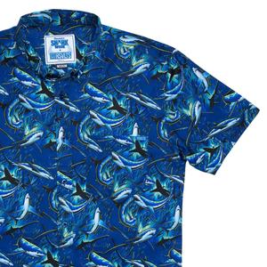 RSVLTS Feeding Frenzy KUNUFLEX Short Sleeve Shirt in Blue — front view